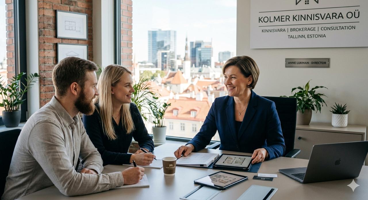Kolmer Kinnisvara direktor Anne Lukman kohtumas kliendipaariga büroos
