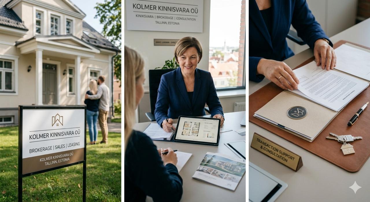 Kinnisvaraobjekt müügisildiga, maakler kliendiga nõustamas ja tehingu dokumendid