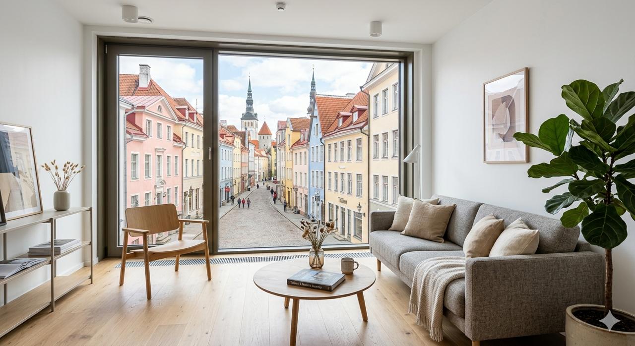Valgusküllane elutuba avara aknaga Tallinna vanalinna vaatega